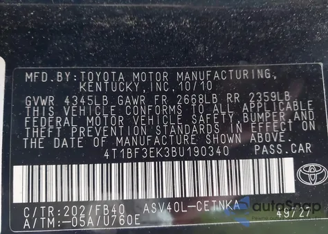 2011 Toyota Camry Le из США, поврежденный, VIN 4T1BF3EK3BU190340